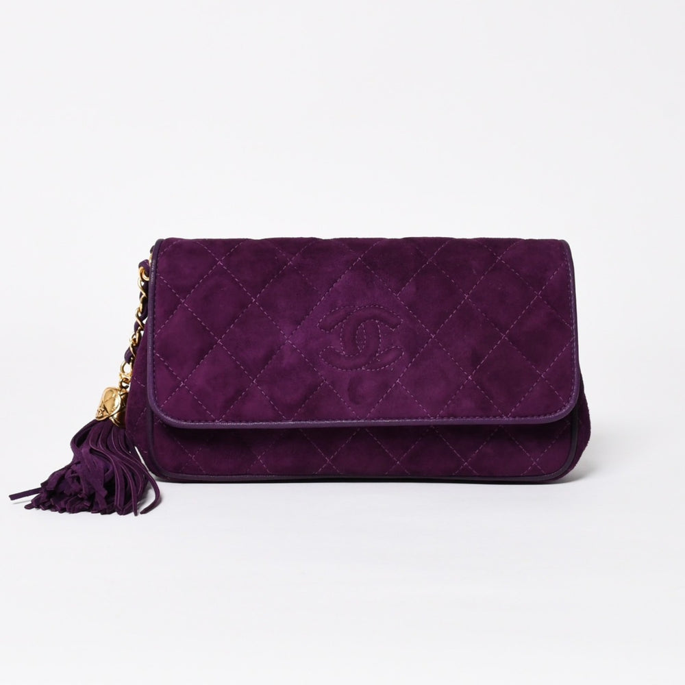 極美品 CHANEL シャネル マトラッセ キルティング クラッチバッグ 1番台 フリンジ スウェード パープル ゴールド金具 中古 4a009347