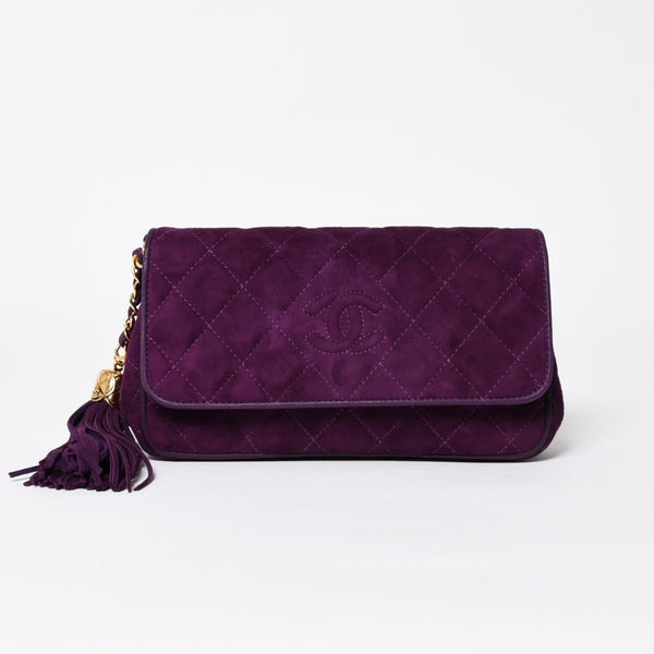 極美品 CHANEL シャネル マトラッセ キルティング クラッチバッグ 1番台 フリンジ スウェード パープル ゴールド金具 中古 4a009347