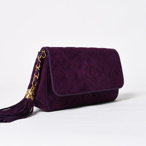 極美品 CHANEL シャネル マトラッセ キルティング クラッチバッグ 1番台 フリンジ スウェード パープル ゴールド金具 中古 4a009347