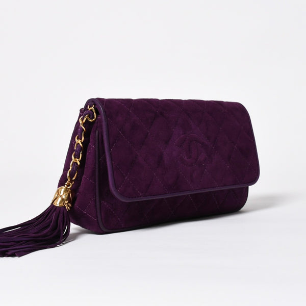 極美品 CHANEL シャネル マトラッセ キルティング クラッチバッグ 1番台 フリンジ スウェード パープル ゴールド金具 中古 4a009347