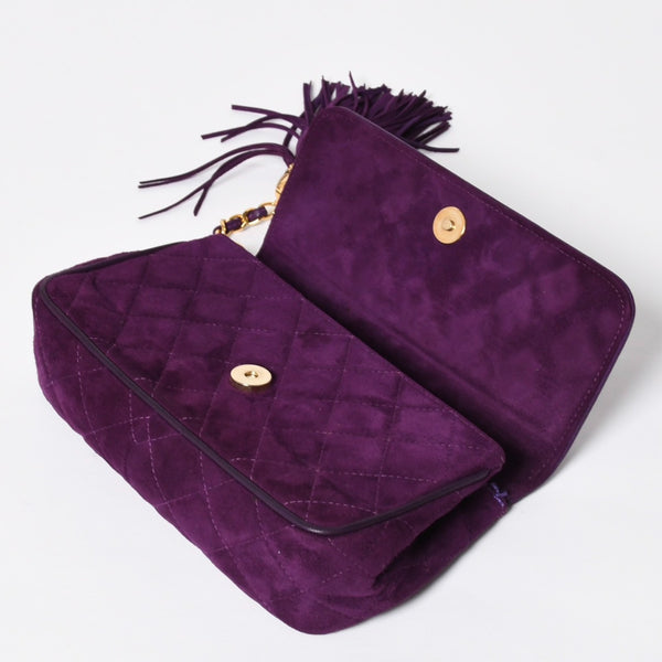 極美品 CHANEL シャネル マトラッセ キルティング クラッチバッグ 1番台 フリンジ スウェード パープル ゴールド金具 中古 4a009347