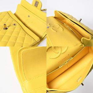 極美品 CHANEL マトラッセ Wフラップ チェーンショルダー キャビアスキン ランダム 23cm ショルダーバッグ イエロー ゴールド金具 中古 4a009595