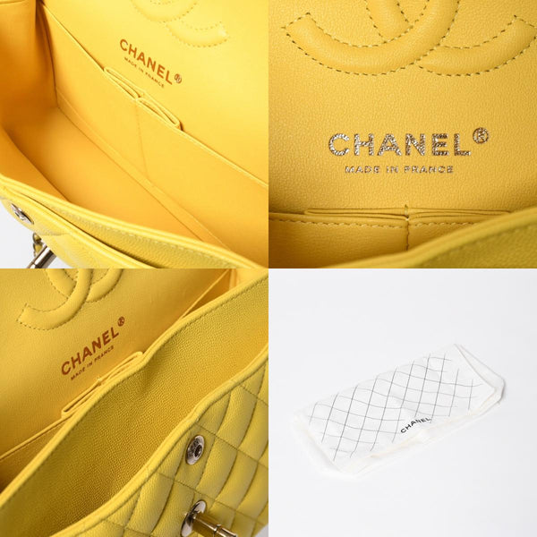 極美品 CHANEL マトラッセ Wフラップ チェーンショルダー キャビアスキン ランダム 23cm ショルダーバッグ イエロー ゴールド金具 中古 4a009595