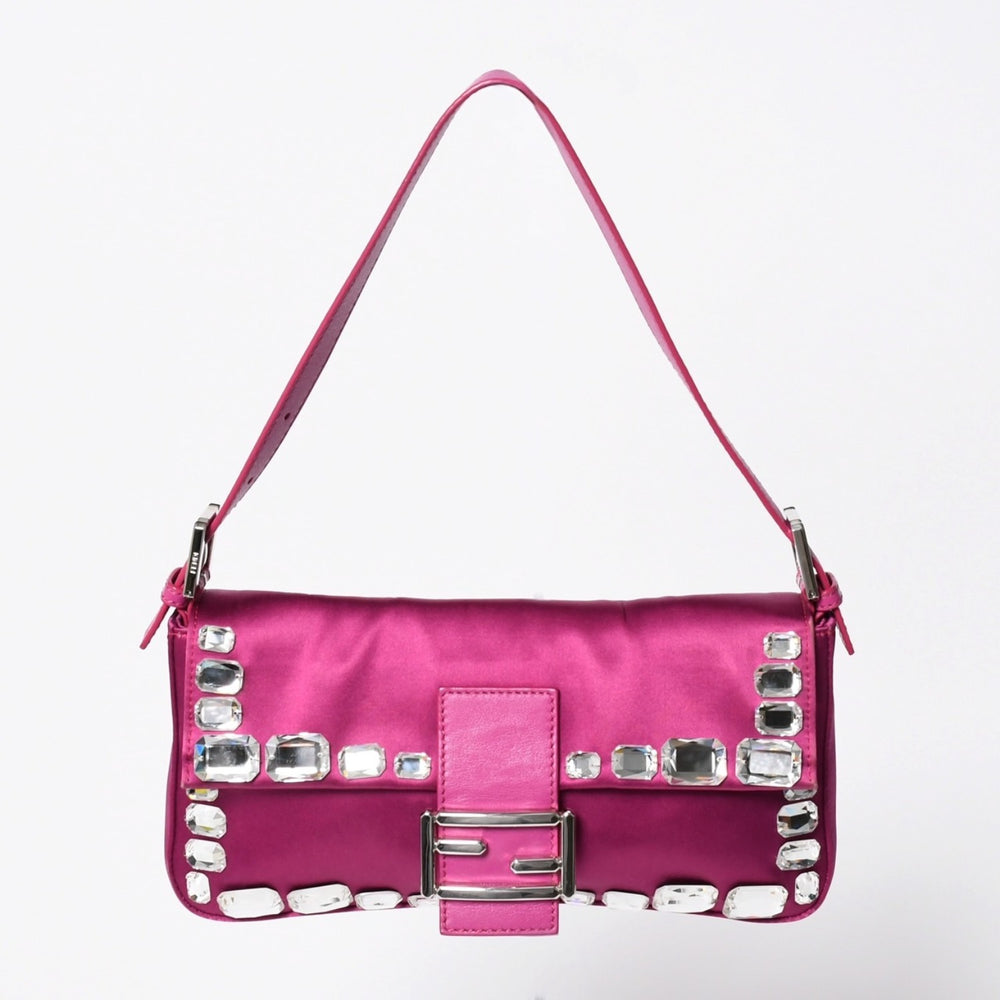 極美品 FENDI フェンディ マンマバケット ワンショルダーバッグ 8BR600 サテン ラインストーン ピンク シルバー金具 中古 4a009718
