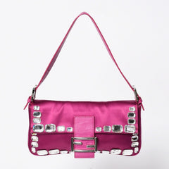 極美品 FENDI フェンディ マンマバケット ワンショルダーバッグ 8BR600 サテン ラインストーン ピンク シルバー金具 中古 4a009718