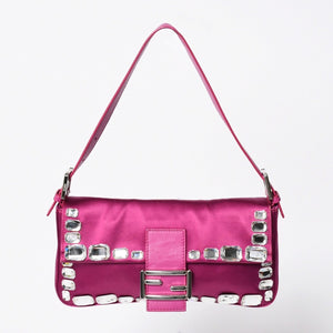 極美品 FENDI フェンディ マンマバケット ワンショルダーバッグ 8BR600 サテン ラインストーン ピンク シルバー金具 中古 4a009718
