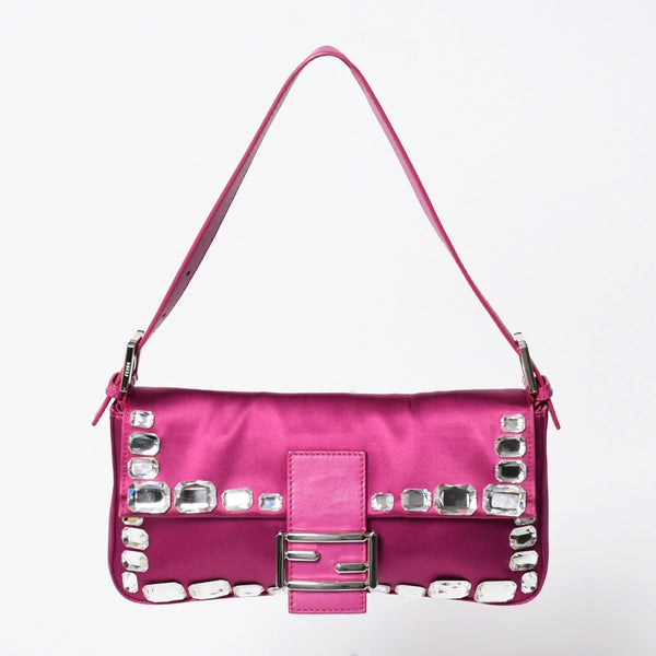 極美品 FENDI フェンディ マンマバケット ワンショルダーバッグ 8BR600 サテン ラインストーン ピンク シルバー金具 中古 4a009718