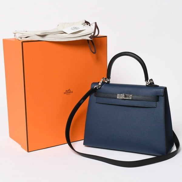 新品同様 HERMES エルメス ケリー トリコロール25 外縫い 2WAYハンドバッグ ヴォーエプソン ブルードリュプス/ブルーインディゴ/ブラック B刻印 中古 4a009738