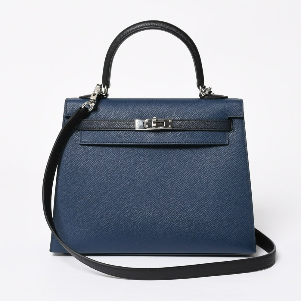 新品同様 HERMES エルメス ケリー トリコロール25 外縫い 2WAYハンドバッグ ヴォーエプソン ブルードリュプス/ブルーインディゴ/ブラック B刻印 中古 4a009738
