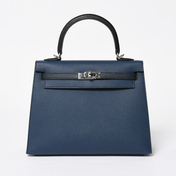新品同様 HERMES エルメス ケリー トリコロール25 外縫い 2WAYハンドバッグ ヴォーエプソン ブルードリュプス/ブルーインディゴ/ブラック B刻印 中古 4a009738