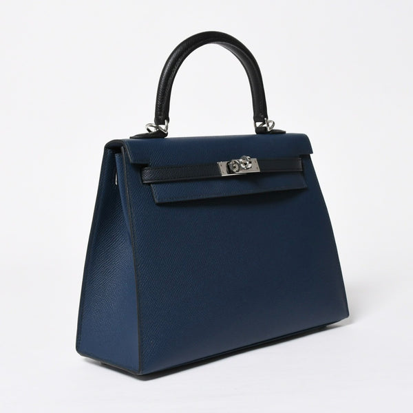 新品同様 HERMES エルメス ケリー トリコロール25 外縫い 2WAYハンドバッグ ヴォーエプソン ブルードリュプス/ブルーインディゴ/ブラック B刻印 中古 4a009738