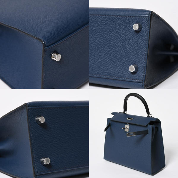 新品同様 HERMES エルメス ケリー トリコロール25 外縫い 2WAYハンドバッグ ヴォーエプソン ブルードリュプス/ブルーインディゴ/ブラック B刻印 中古 4a009738