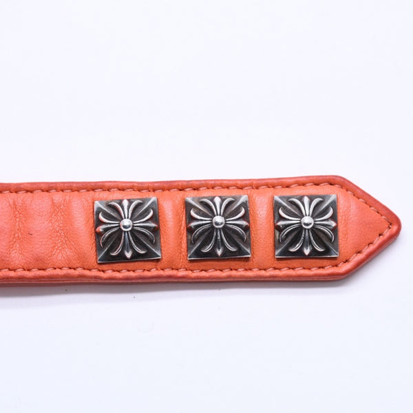 極美品 CHROME HEARTS クロムハーツ 3BTN 2SNP 3ボタン 2スナップ レザーブレスレット 重量約26.19g ピラミッド オレンジ 中古 4a009813