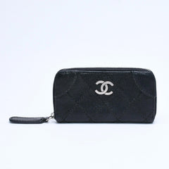 CHANEL シャネル レザー 財布 カードケース ココマーク ワイルドステッチ キャビアスキン 10番台 ブラック シルバー金具 美品 中古 4a009761