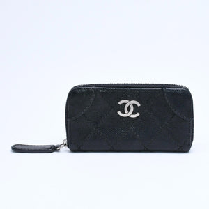 CHANEL シャネル レザー 財布 カードケース ココマーク ワイルドステッチ キャビアスキン 10番台 ブラック シルバー金具 美品 中古 4a009761