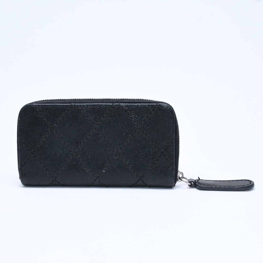 CHANEL シャネル レザー 財布 カードケース ココマーク ワイルドステッチ キャビアスキン 10番台 ブラック シルバー金具 美品 中古 4a009761