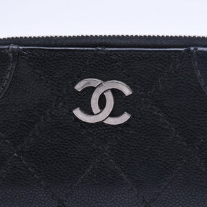 CHANEL シャネル レザー 財布 カードケース ココマーク ワイルドステッチ キャビアスキン 10番台 ブラック シルバー金具 美品 中古 4a009761