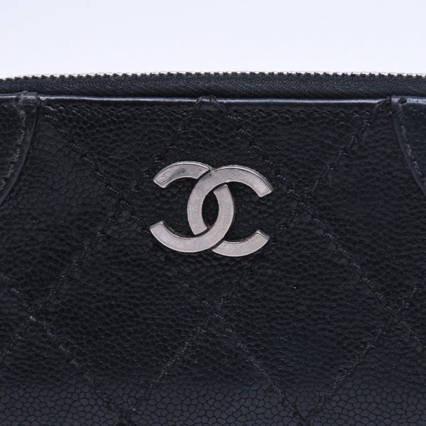 CHANEL シャネル レザー 財布 カードケース ココマーク ワイルドステッチ キャビアスキン 10番台 ブラック シルバー金具 美品 中古 4a009761