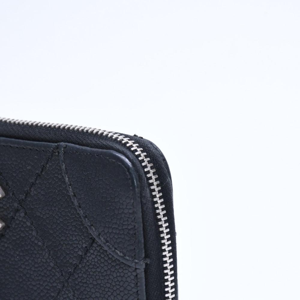 CHANEL Leather Wallet Card Case Coco Mark Wild Stitch Caviar Skin No. 10 Black Silver Hardware Good Condition Used 4a009761