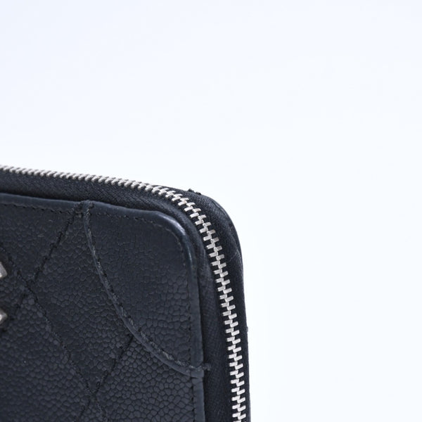 CHANEL シャネル レザー 財布 カードケース ココマーク ワイルドステッチ キャビアスキン 10番台 ブラック シルバー金具 美品 中古 4a009761