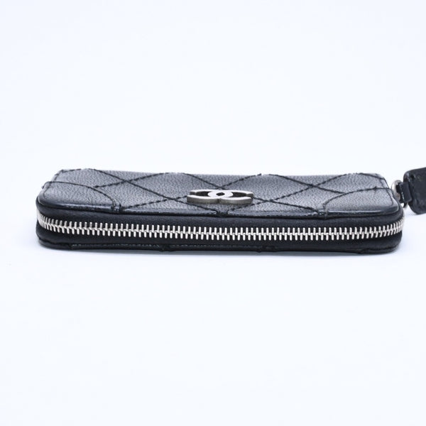 CHANEL シャネル レザー 財布 カードケース ココマーク ワイルドステッチ キャビアスキン 10番台 ブラック シルバー金具 美品 中古 4a009761