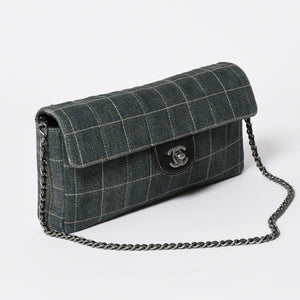 Very Good Condition CHANEL Chocolate Bar Line East West Chain Shoulder Bag No. 6 Coco Mark Denim Blue Used 4a009742