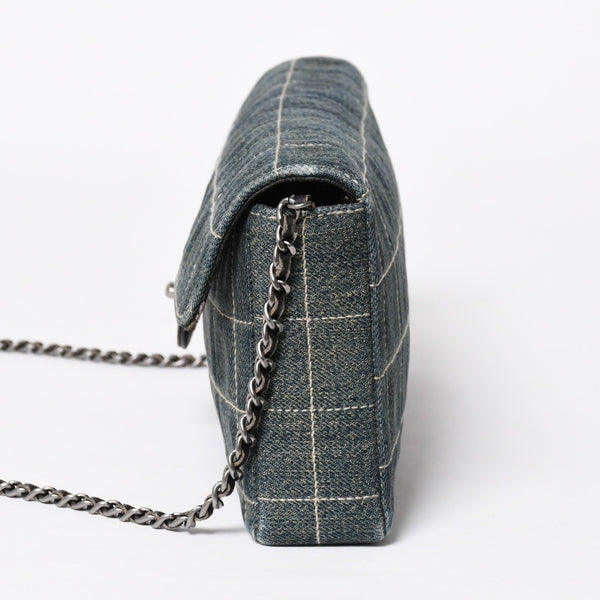 Very Good Condition CHANEL Chocolate Bar Line East West Chain Shoulder Bag No. 6 Coco Mark Denim Blue Used 4a009742