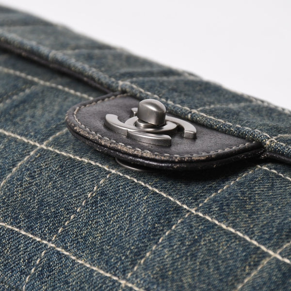 Very Good Condition CHANEL Chocolate Bar Line East West Chain Shoulder Bag No. 6 Coco Mark Denim Blue Used 4a009742