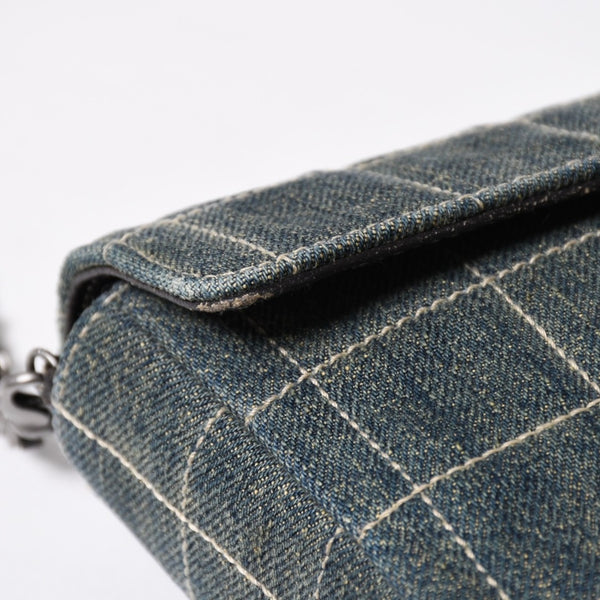 Very Good Condition CHANEL Chocolate Bar Line East West Chain Shoulder Bag No. 6 Coco Mark Denim Blue Used 4a009742