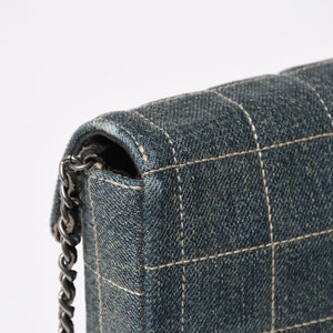 Very Good Condition CHANEL Chocolate Bar Line East West Chain Shoulder Bag No. 6 Coco Mark Denim Blue Used 4a009742