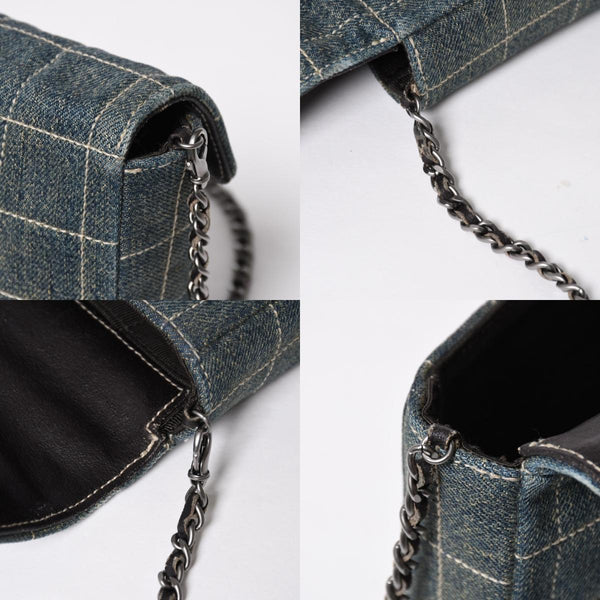 Very Good Condition CHANEL Chocolate Bar Line East West Chain Shoulder Bag No. 6 Coco Mark Denim Blue Used 4a009742