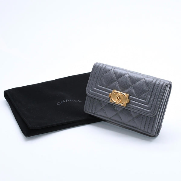CHANEL シャネル ボーイシャネル スモールフラップ ウォレット 三つ折り 財布 グレー ゴールド金具 ランダム番台 美品 中古 4a009996