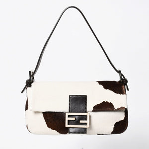FENDI Mamma Bucket One Shoulder Bag 8BR600 Leather Haraco Pony Hair White Brown Silver Hardware Good Condition Used 4a009730
