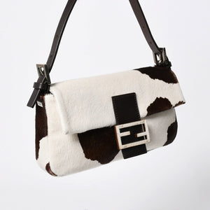 FENDI Mamma Bucket One Shoulder Bag 8BR600 Leather Haraco Pony Hair White Brown Silver Hardware Good Condition Used 4a009730