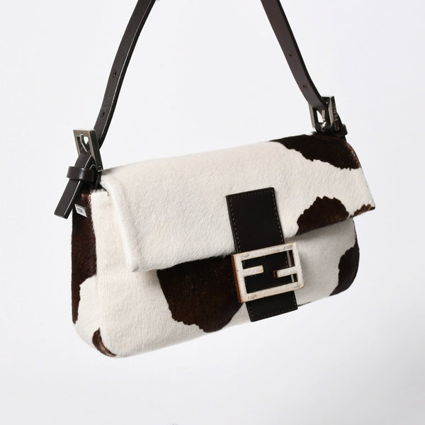 FENDI Mamma Bucket One Shoulder Bag 8BR600 Leather Haraco Pony Hair White Brown Silver Hardware Good Condition Used 4a009730