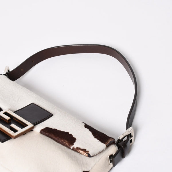 FENDI Mamma Bucket One Shoulder Bag 8BR600 Leather Haraco Pony Hair White Brown Silver Hardware Good Condition Used 4a009730