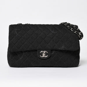 極美品 CHANEL シャネル デカマトラッセ30 Sフラップ Wチェーンショルダーバッグ 30番台 ココマーク デニム ブラック 中古 4a009776