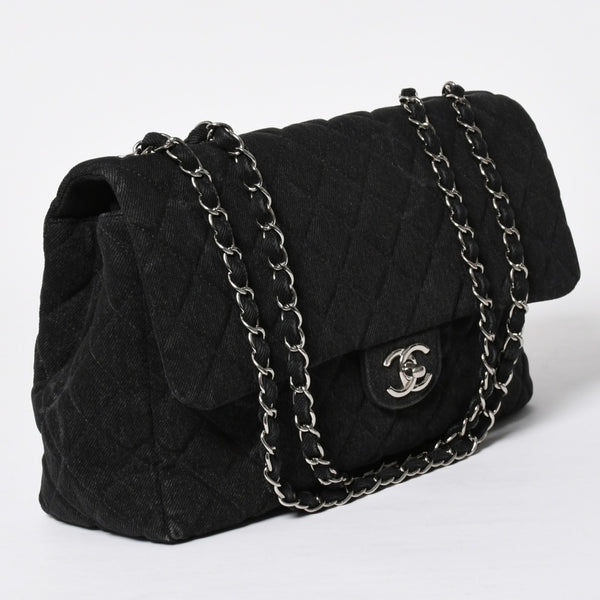 極美品 CHANEL シャネル デカマトラッセ30 Sフラップ Wチェーンショルダーバッグ 30番台 ココマーク デニム ブラック 中古 4a009776