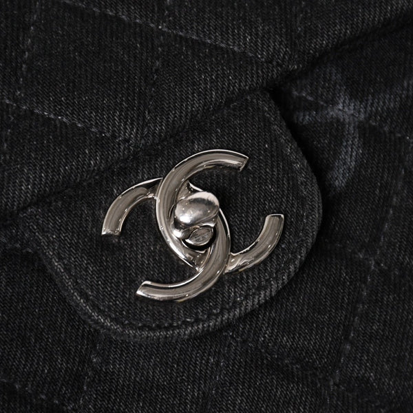 極美品 CHANEL シャネル デカマトラッセ30 Sフラップ Wチェーンショルダーバッグ 30番台 ココマーク デニム ブラック 中古 4a009776