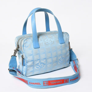 CHANEL New Travel Line 2WAY Bag No. 7 Coco Mark Nylon Leather Blue Red Good Used 4a009697