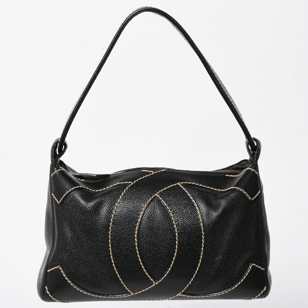 極美品 CHANEL シャネル ワイルドステッチ トップハンドル ワンショルダーバッグ 9番台 ココマーク キャビアスキン ゴールド金具 中古 4a009743