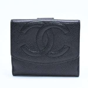 極美品 CHANEL シャネル 3つ折り財布 財布 Wホック ココマーク キャビアスキン 4番台 ブラック 黒 中古 4a009651