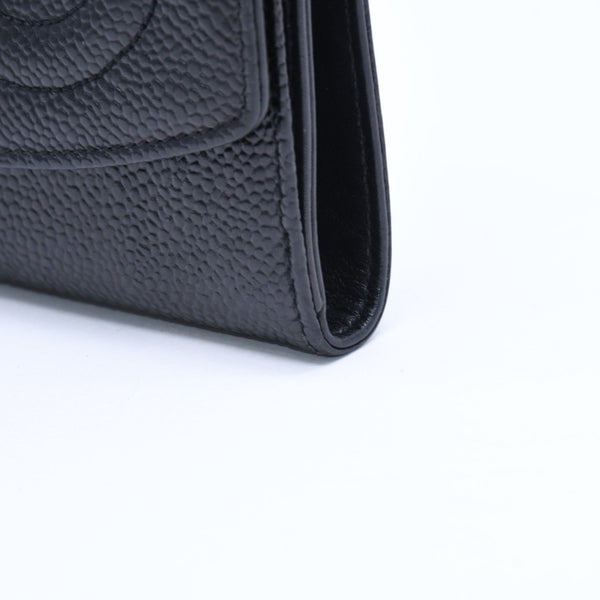 極美品 CHANEL シャネル 3つ折り財布 財布 Wホック ココマーク キャビアスキン 4番台 ブラック 黒 中古 4a009651