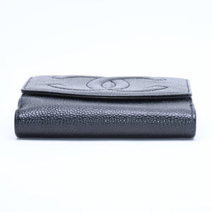 極美品 CHANEL シャネル 3つ折り財布 財布 Wホック ココマーク キャビアスキン 4番台 ブラック 黒 中古 4a009651