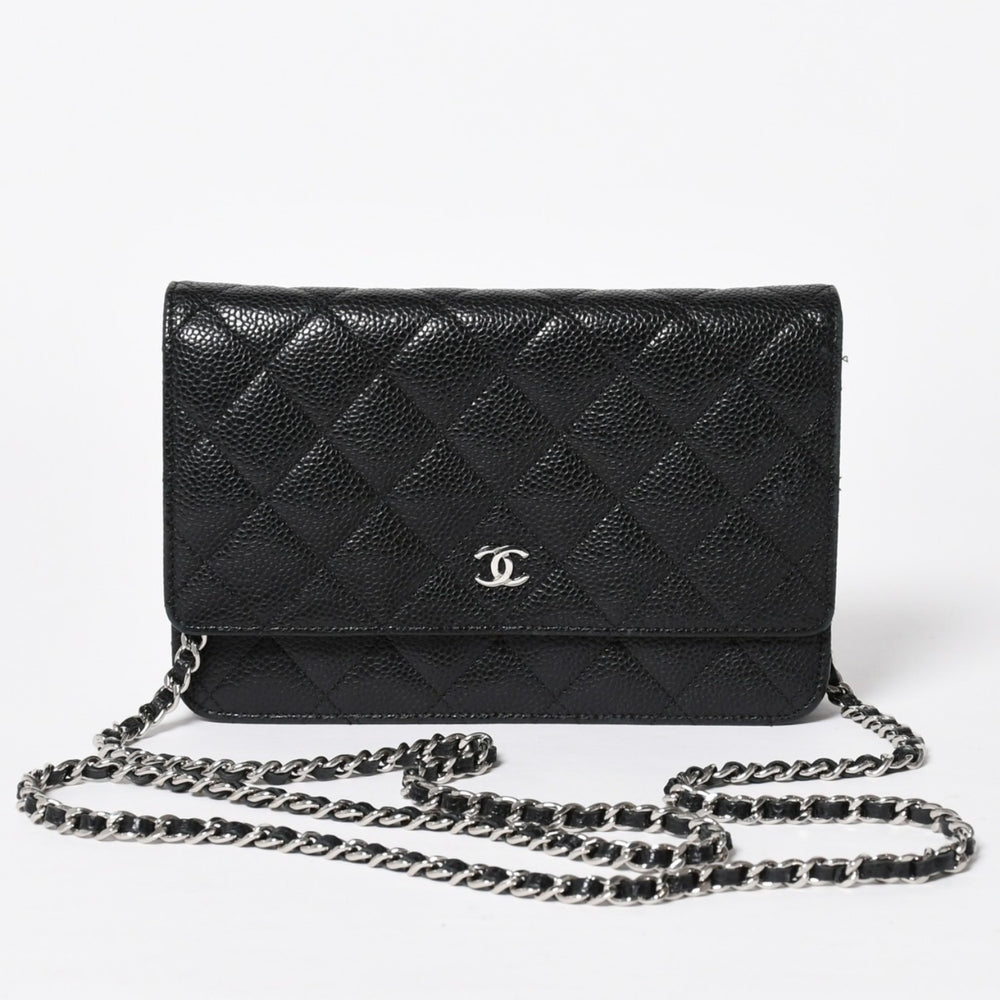極美品 CHANEL シャネル チェーンウォレット 長財布 AP0250 21番台 ココマーク キャビアスキン ブラック シルバー金具 中古 4a010040