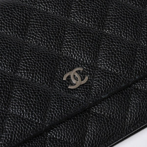 Very Good Condition CHANEL Chain Wallet Long Wallet AP0250 21st Series Coco Mark Caviar Skin Black Silver Hardware Used 4a010040