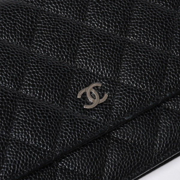 Very Good Condition CHANEL Chain Wallet Long Wallet AP0250 21st Series Coco Mark Caviar Skin Black Silver Hardware Used 4a010040