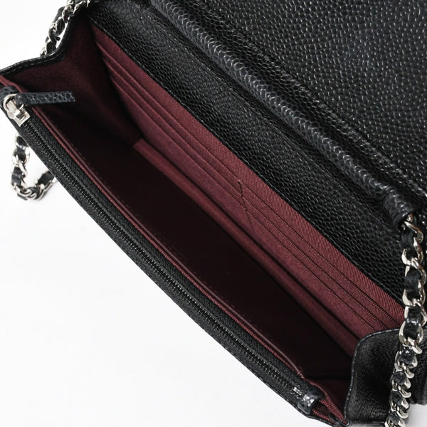 Very Good Condition CHANEL Chain Wallet Long Wallet AP0250 21st Series Coco Mark Caviar Skin Black Silver Hardware Used 4a010040