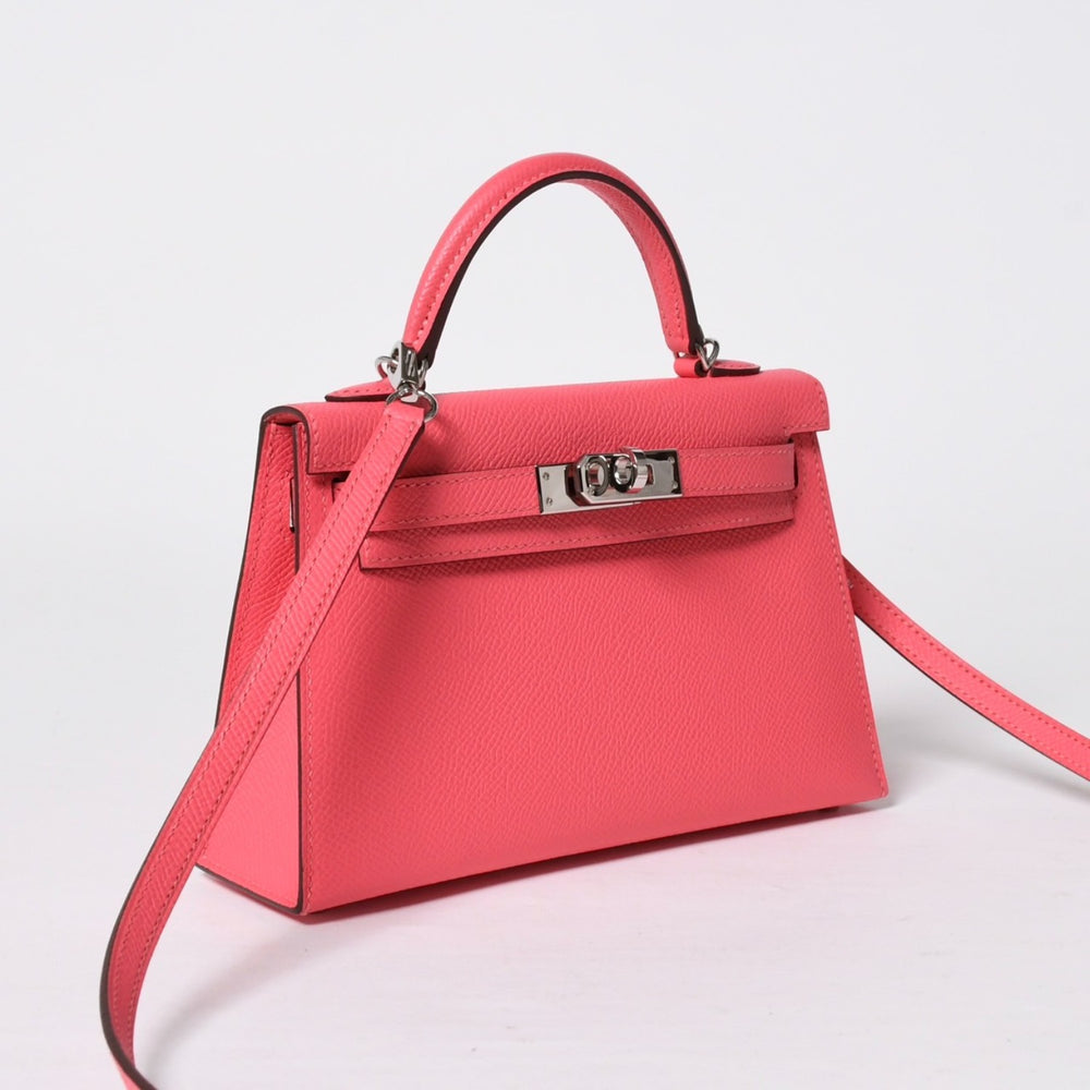 Like new HERMES Mini Kelly2 W engraved handbag Rose azalea Silver hardware Outside stitching 2WAY Used 4a010088