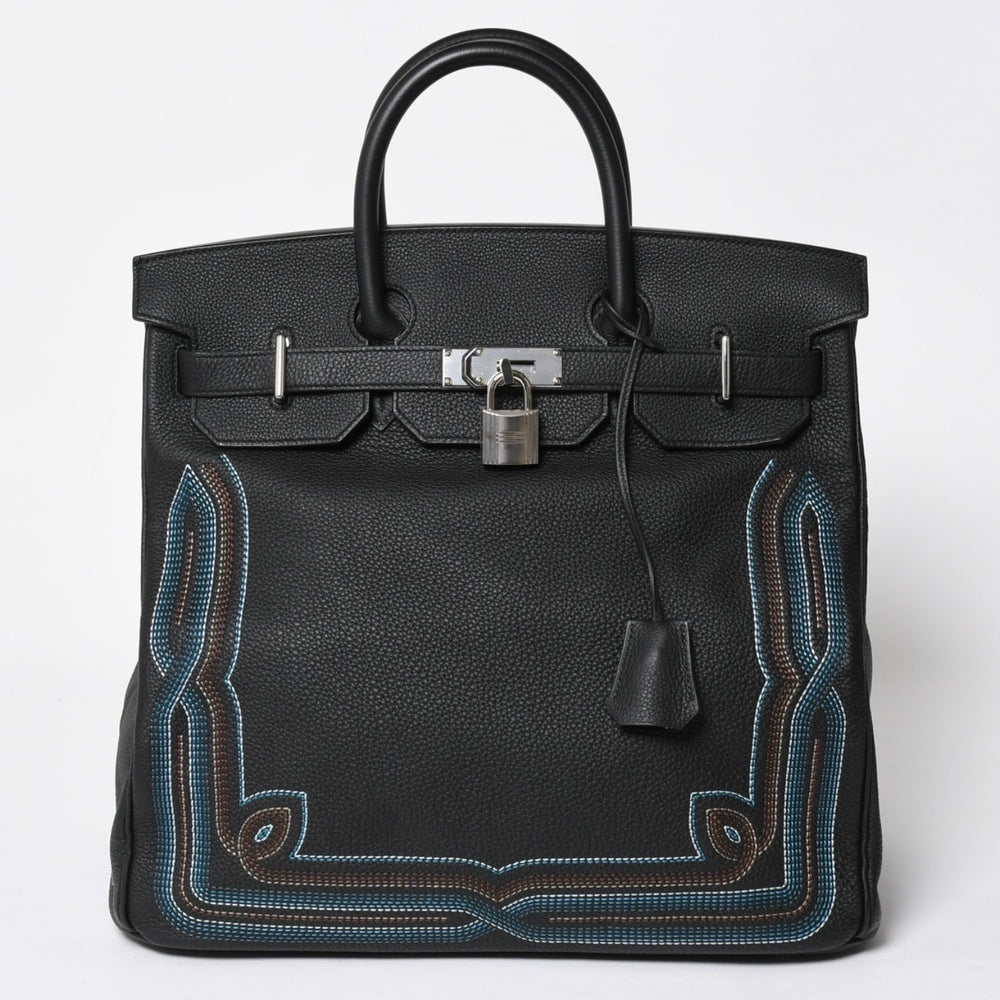 新品同様 HERMES エルメス オータクロア 40 ウェスタン 刺繍 ハンドバッグ ノワール トゴ Z刻印 SV金具 内縫い 中古 4a010131